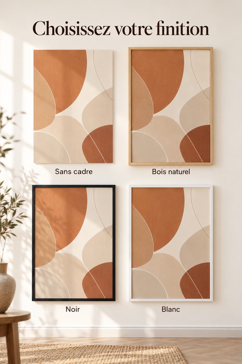 Les quatre finitions : affiche sans cadre, cadre bois naturel, cadre noir et cadre blanc