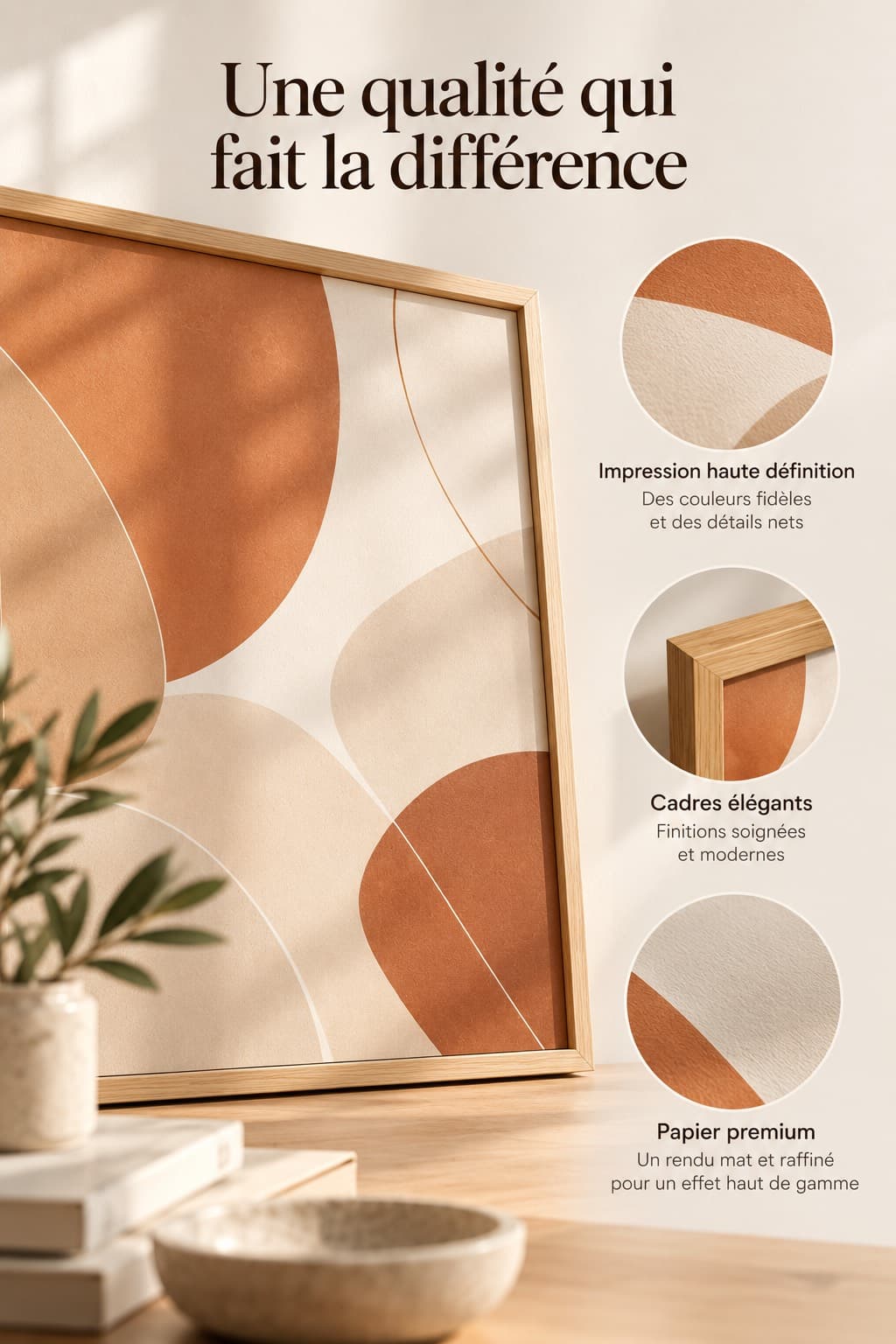 Gros plans sur l'impression haute définition, la finition du cadre bois et le papier premium mat