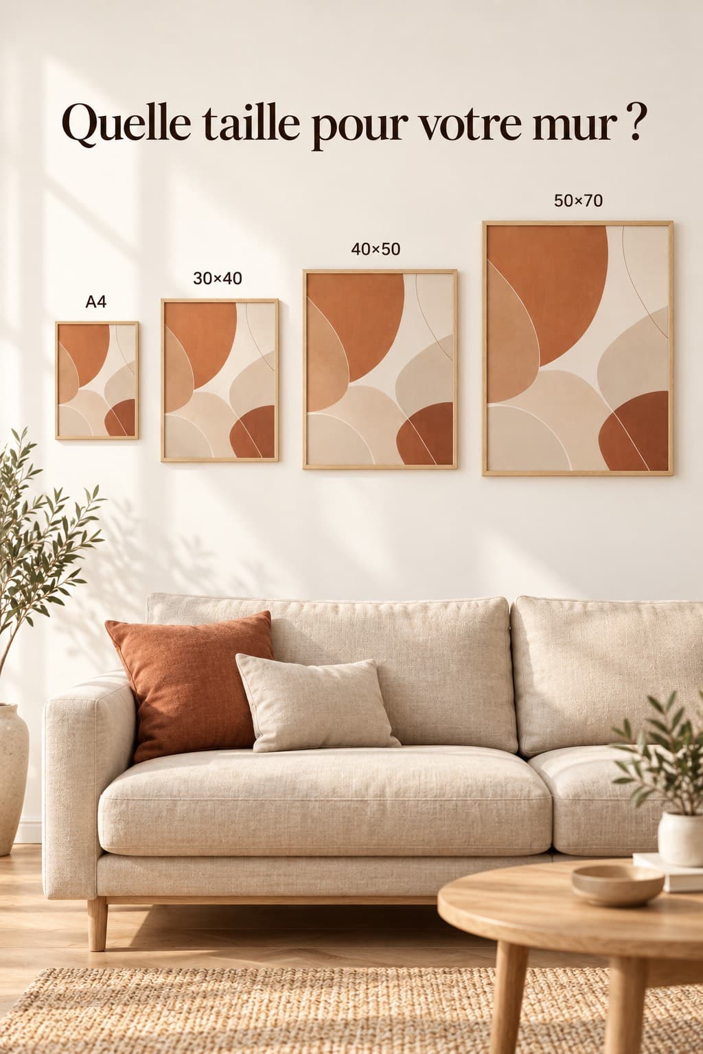 Les tailles A4, 30×40, 40×50 et 50×70 cm accrochées au-dessus d'un canapé