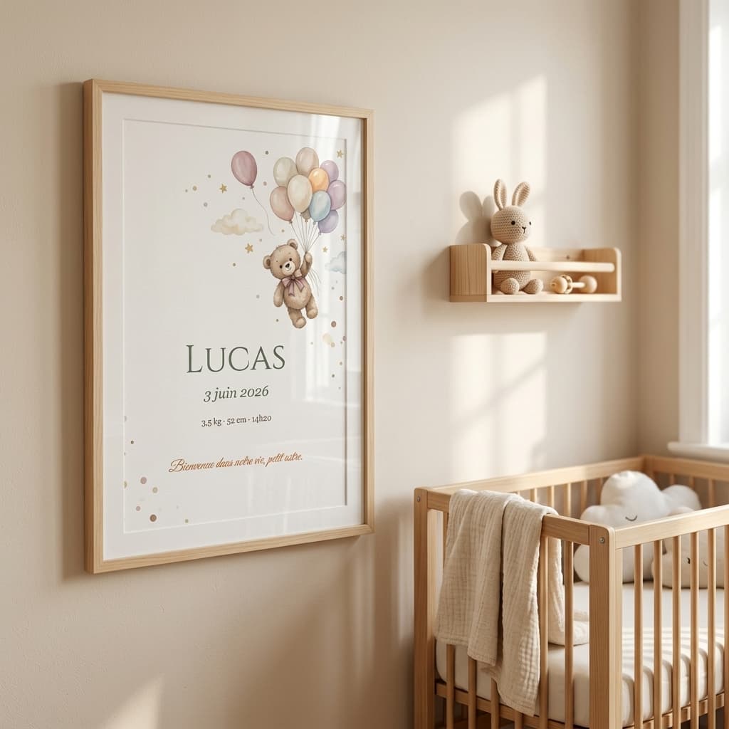 Affiche Chambre Bébé Ourson — affiche personnalisée Naissance L'Instant Perso