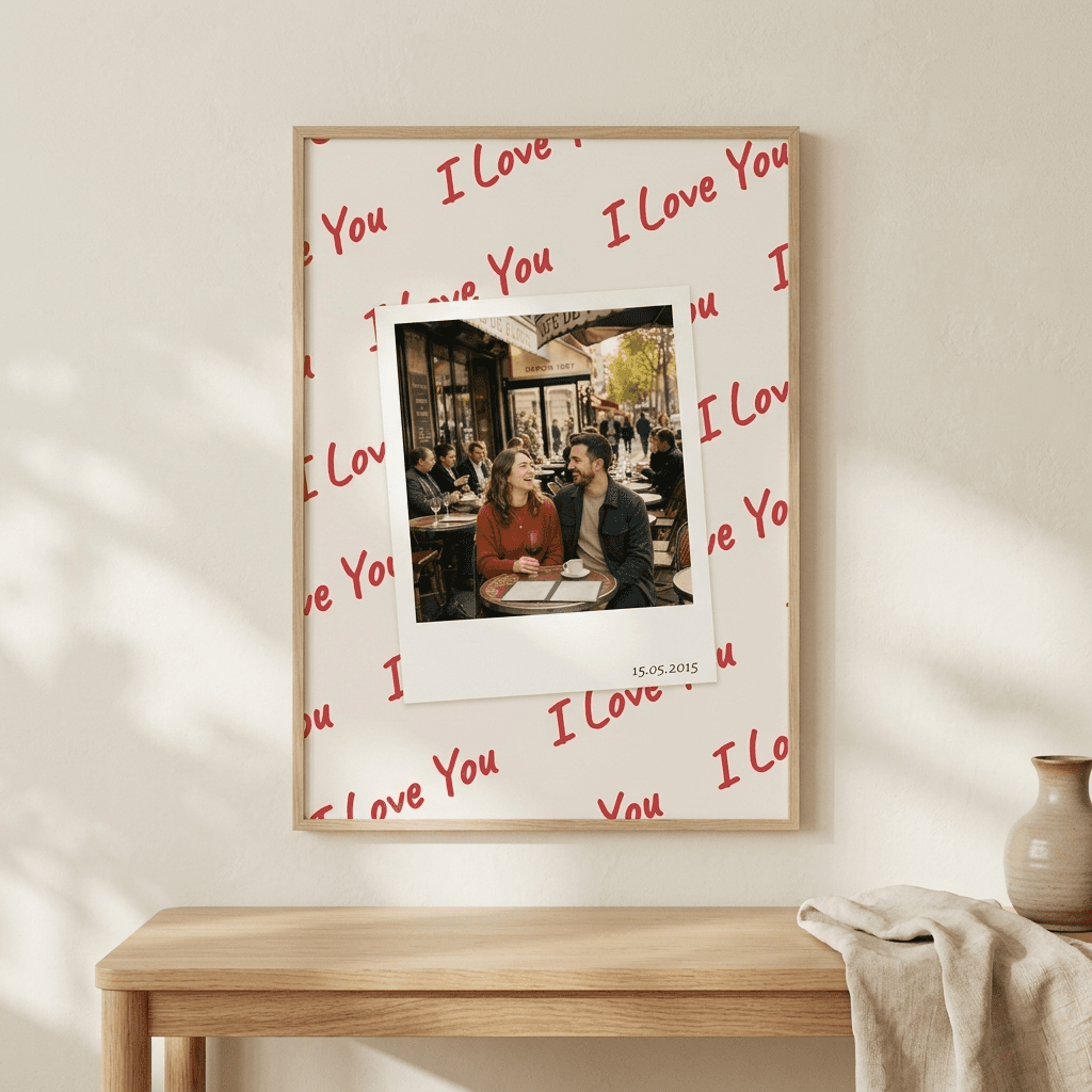 Aperçu en situation réelle de l'affiche Affiche Couple I Love You Polaroid - Vue 3