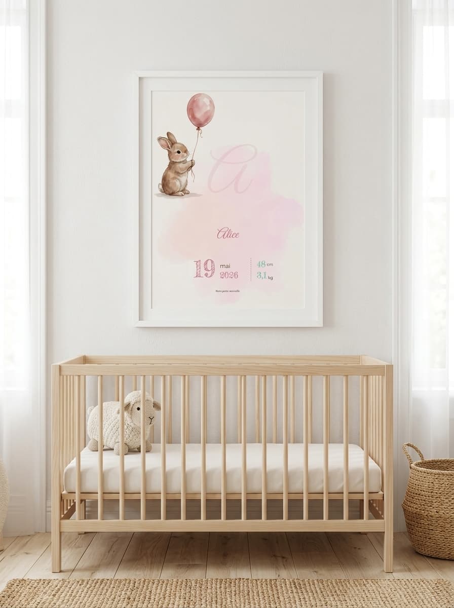 Aperçu en situation réelle de l'affiche Affiche Naissance Lapin Ballon - Vue 1