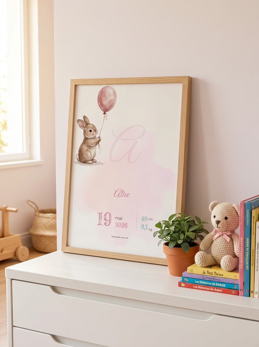 Aperçu en situation réelle de l'affiche Affiche Naissance Lapin Ballon - Vue 2