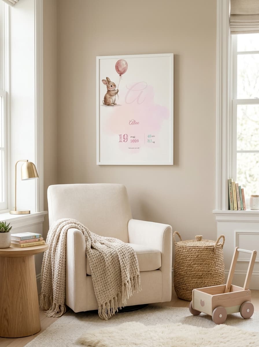 Aperçu en situation réelle de l'affiche Affiche Naissance Lapin Ballon - Vue 3