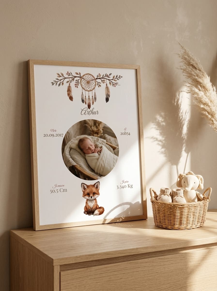 Aperçu en situation réelle de l'affiche Affiche Naissance Photo Boho - Vue 2