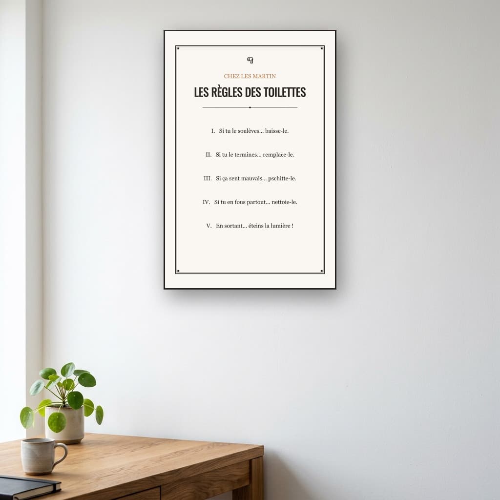 Aperçu en situation réelle de l'affiche Affiche Règles des Toilettes Humour - Vue 1