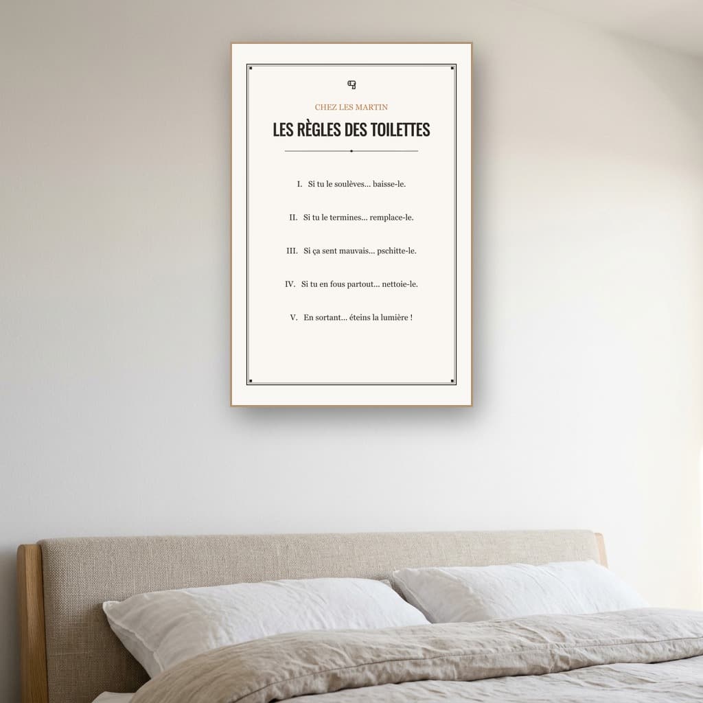 Aperçu en situation réelle de l'affiche Affiche Règles des Toilettes Humour - Vue 3