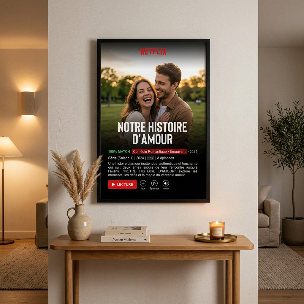 Affiche style Netflix personnalisée pour couple — Votre histoire en vedette Affiche style Netflix personnalisée pour couple dans un cadre noir élégant au salon