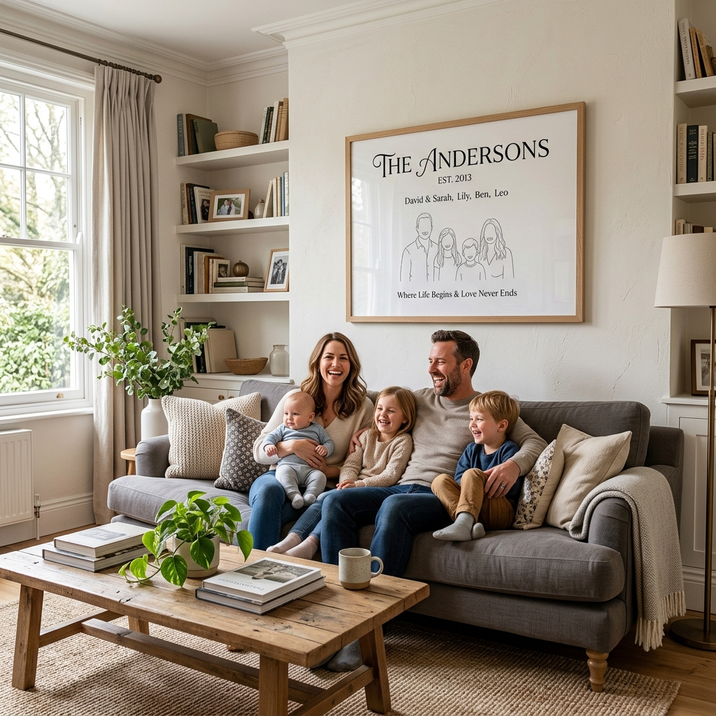 Immortalisez votre famille avec un tableau personnalisé unique Tableau personnalisé famille encadré décorant un magnifique salon moderne
