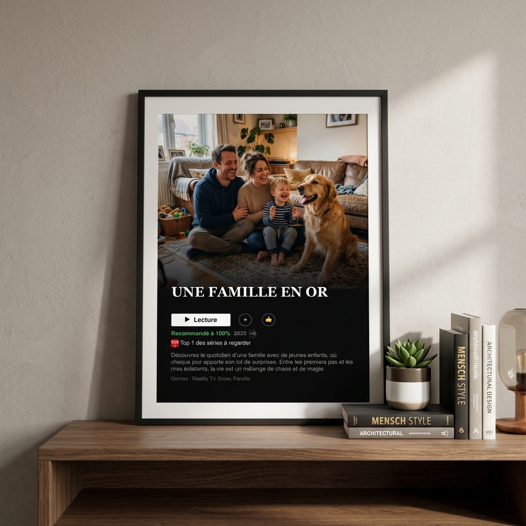 Affiche série streaming avec photo haute définition et typographie soignée Tableau série streaming personnalisé posé sur une commode